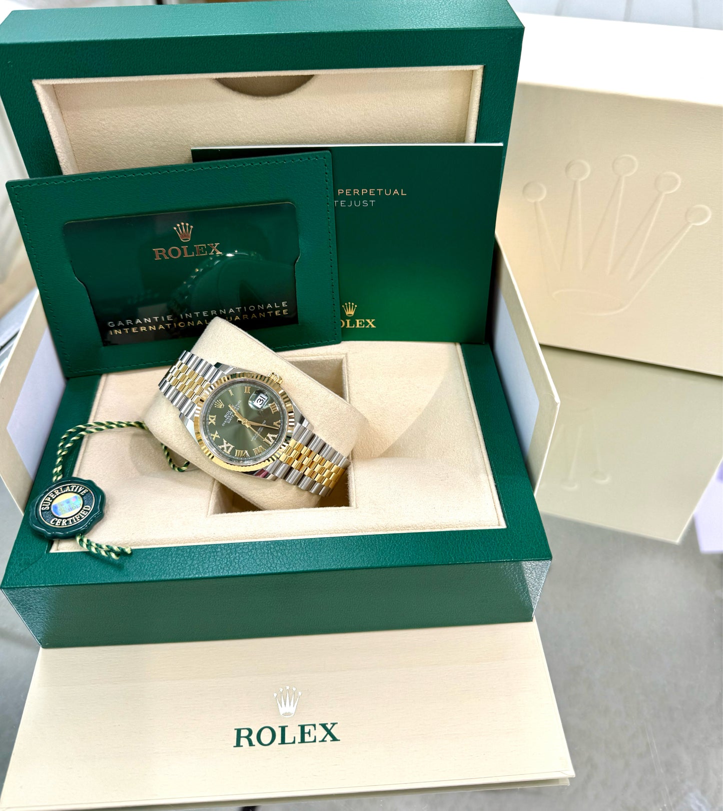 126233, Green Roman Numeral Diamond Dial 36mm Date-Just Rolex, Two Tone Yellow Gold and Stainless Steel Rolex.