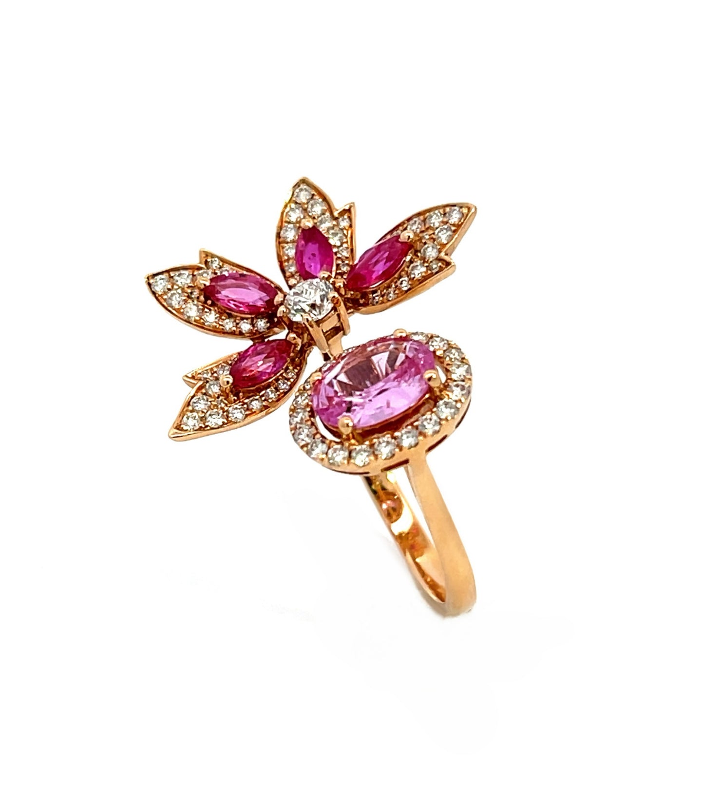 18K Rose Gold Natural Pink Sapphire and Diamond Open Statement Ring/ statement ring/ fancy diamond ring/ natural pink sapphire and diamond/ Oval Pink Sapphire ring/ Engagement Ring/ Fancy Diamond Ring/ Mon and Sun Ring/ Star Diamond Ring
