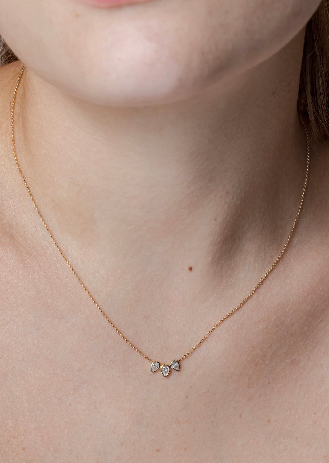 14K Gold Dainty Tri Pear Shaped Diamond Bezel Pendant Necklace, trendy diamond necklace, pear shaped diamond necklace, bezel setting diamond necklace, pear shape diamond, 3 pear shaped diamond necklace, layered necklace, pear shaped natural diamond necklace, daily diamond necklace.