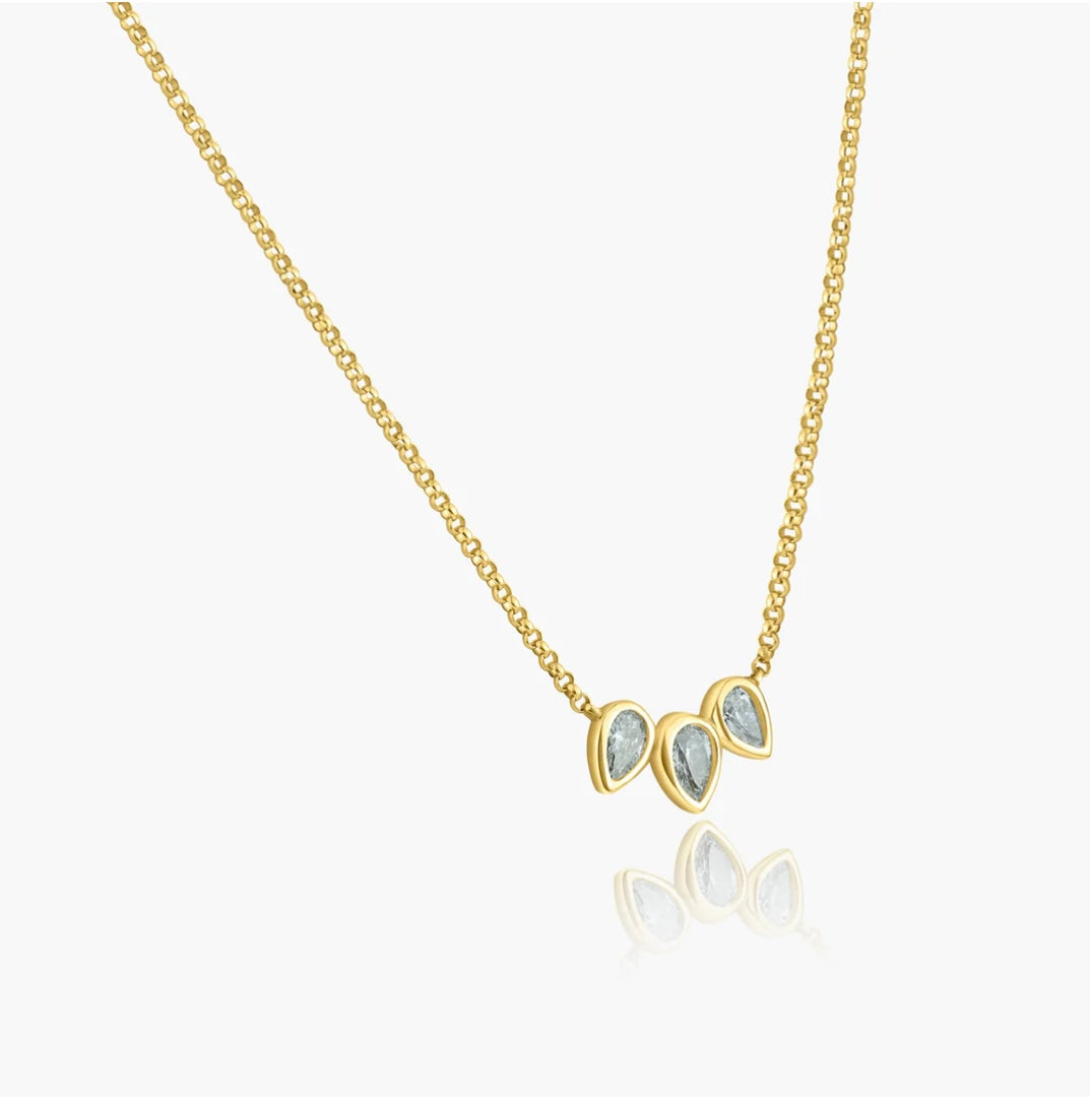 14K Gold Dainty Tri Pear Shaped Diamond Bezel Pendant Necklace, trendy diamond necklace, pear shaped diamond necklace, bezel setting diamond necklace, pear shape diamond, 3 pear shaped diamond necklace, layered necklace, pear shaped natural diamond necklace, daily diamond necklace.
