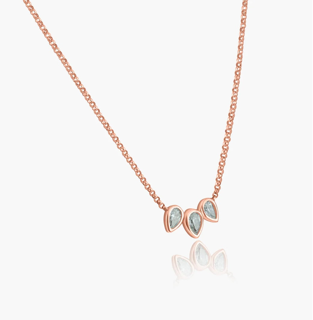 14K Gold Dainty Tri Pear Shaped Diamond Bezel Pendant Necklace, trendy diamond necklace, pear shaped diamond necklace, bezel setting diamond necklace, pear shape diamond, 3 pear shaped diamond necklace, layered necklace, pear shaped natural diamond necklace, daily diamond necklace.
