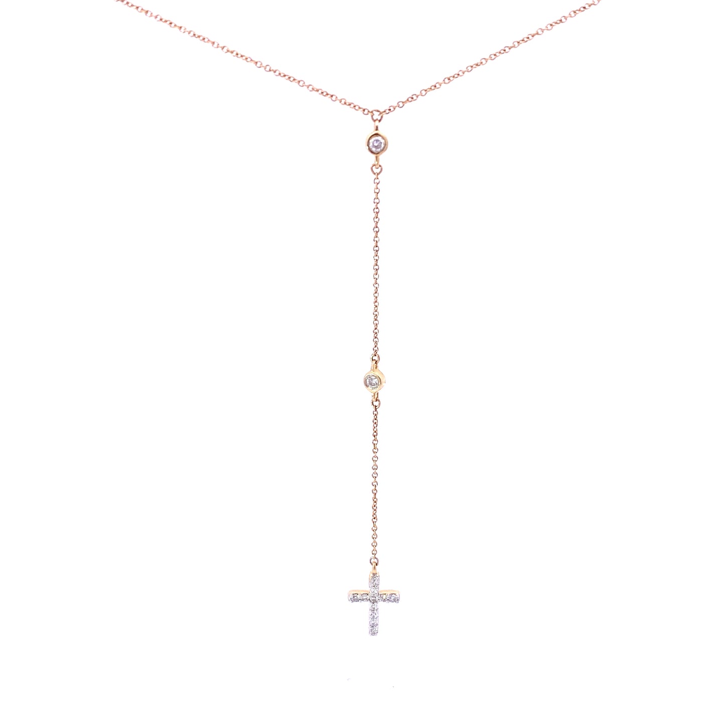 14K Gold Diamond Cross Drop Pendant Lariat Necklace