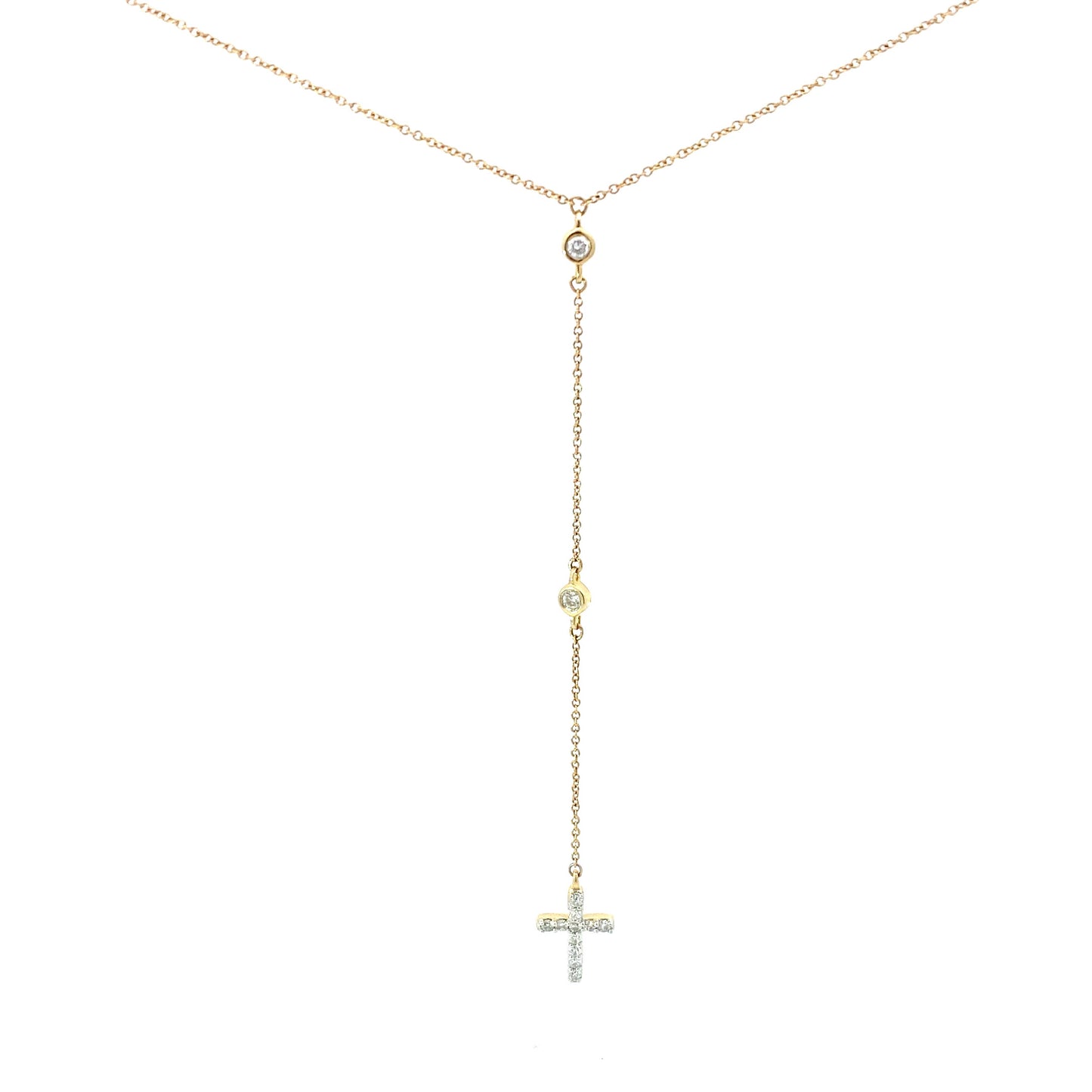 14K Gold Diamond Cross Drop Pendant Lariat Necklace