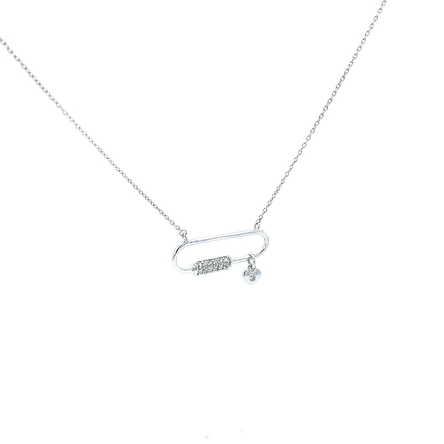14K Gold Diamond Paper Clip Pendant Necklace With Dangling Heart