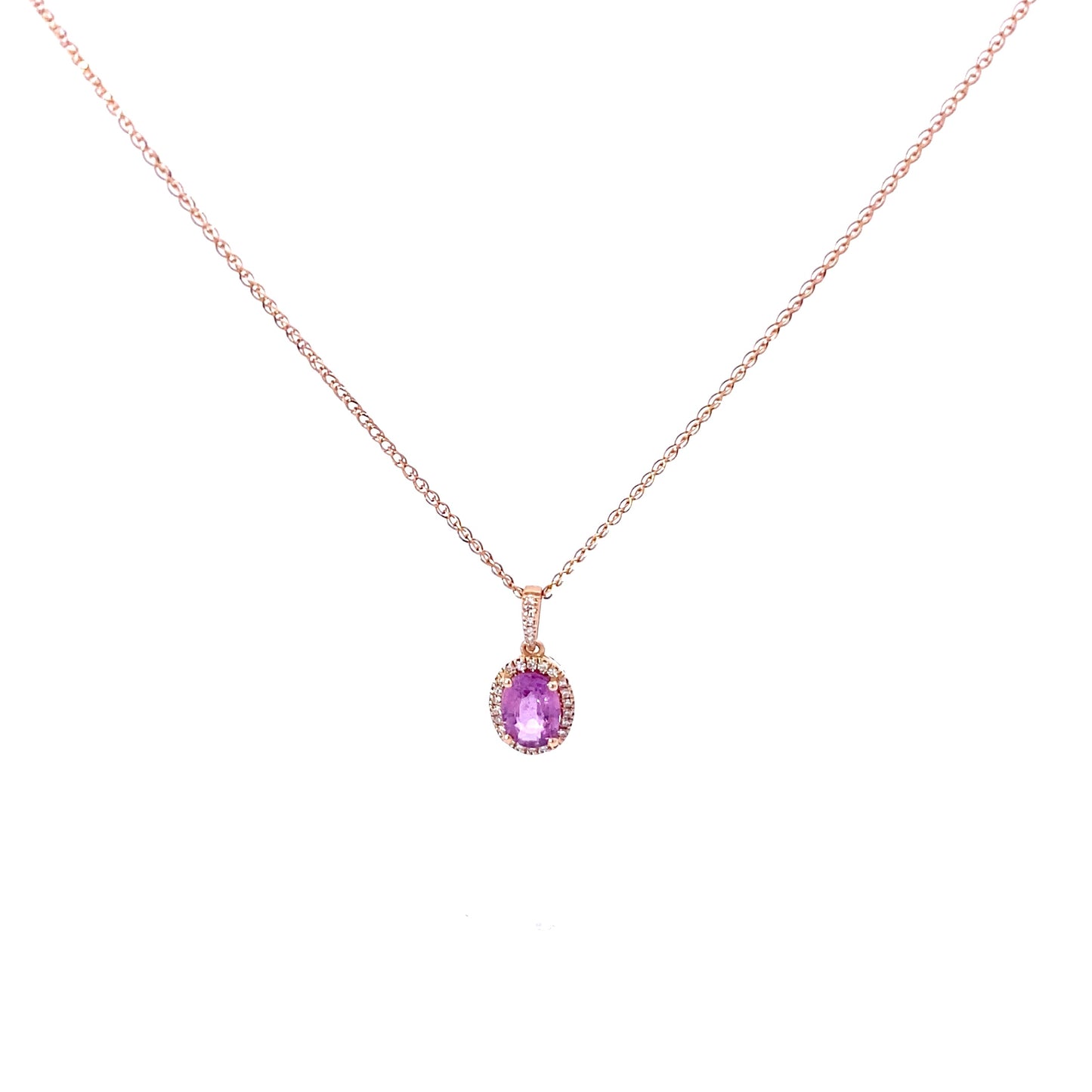 14K Rose Gold Oval Pink Sapphire and Diamond Pendant Necklace