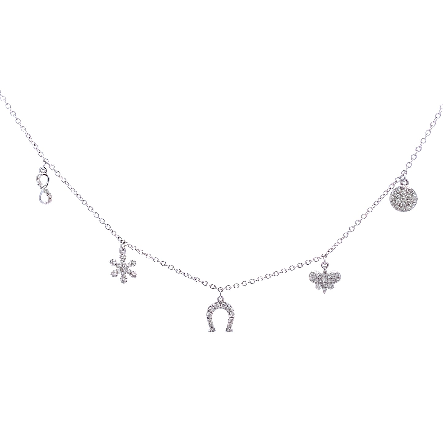 18K White Gold Chain Necklace with Dangling Diamond Charms