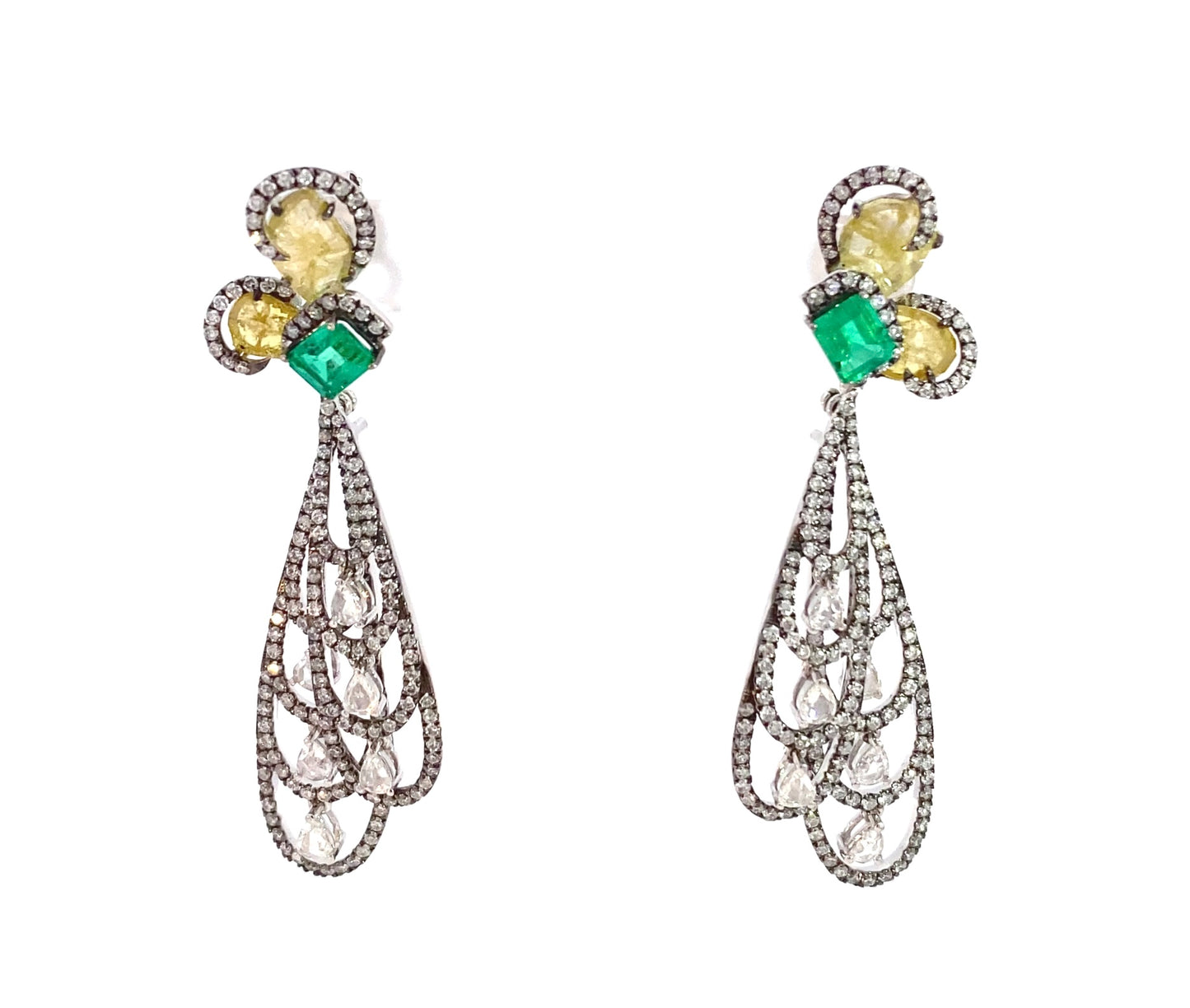 Fancy 18K White Gold Emerald and Diamond Earrings