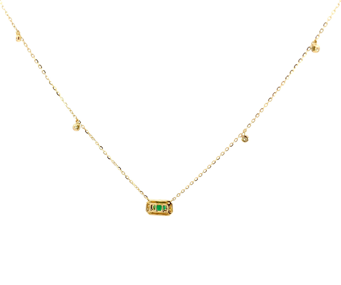 14K Yellow Gold Dangling Diamond & Emerald Gemstones Dainty Necklace