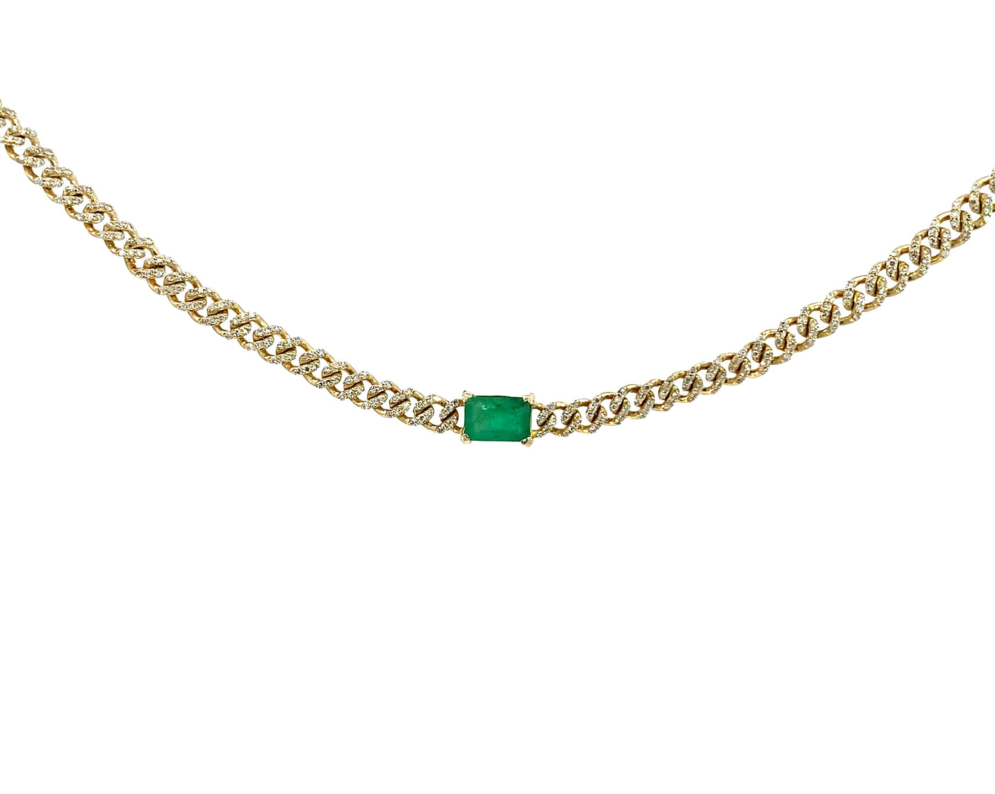 14K Yellow Gold Diamond Cuban Necklace with Emerald. 14K Solid Yellow Gold Cuban Link necklace with natural Diamond and green Emerald. Choker Necklace. Trendy Diamond necklace, Iced out Diamond Necklace.