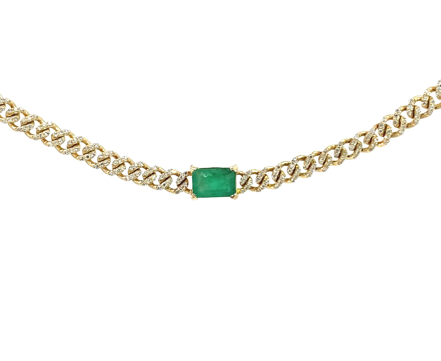 14K Yellow Gold Diamond Cuban Necklace with Emerald. 14K Solid Yellow Gold Cuban Link necklace with natural Diamond and green Emerald. Choker Necklace. Trendy Diamond necklace, Iced out Diamond Necklace.
