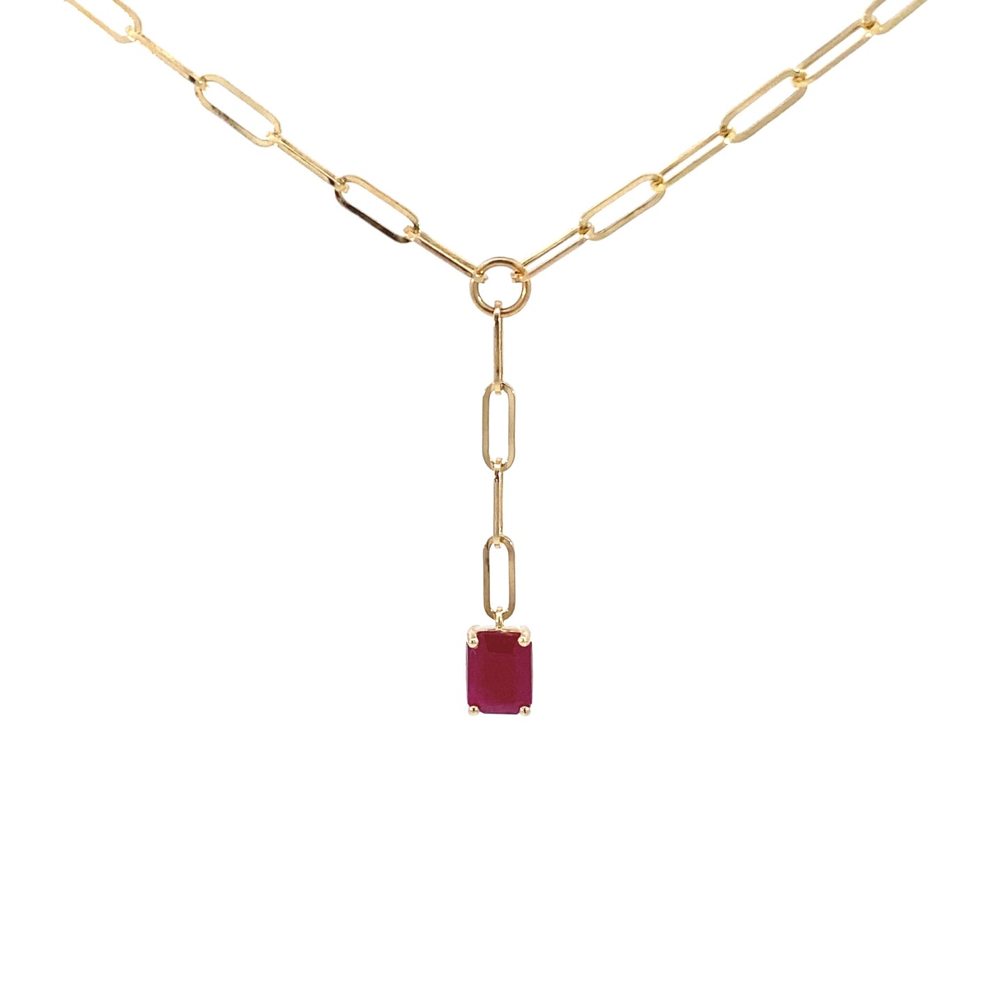 14K Yellow Gold Ruby Gemstones Paper Clip Pendant Lariat Necklace, Natural Ruby Necklace, Natural Ruby Pendant, Dark Ruby Pendant. Trendy Paperclip Ruby Necklace. 14K Solid Yellow Gold paperclip Necklace.