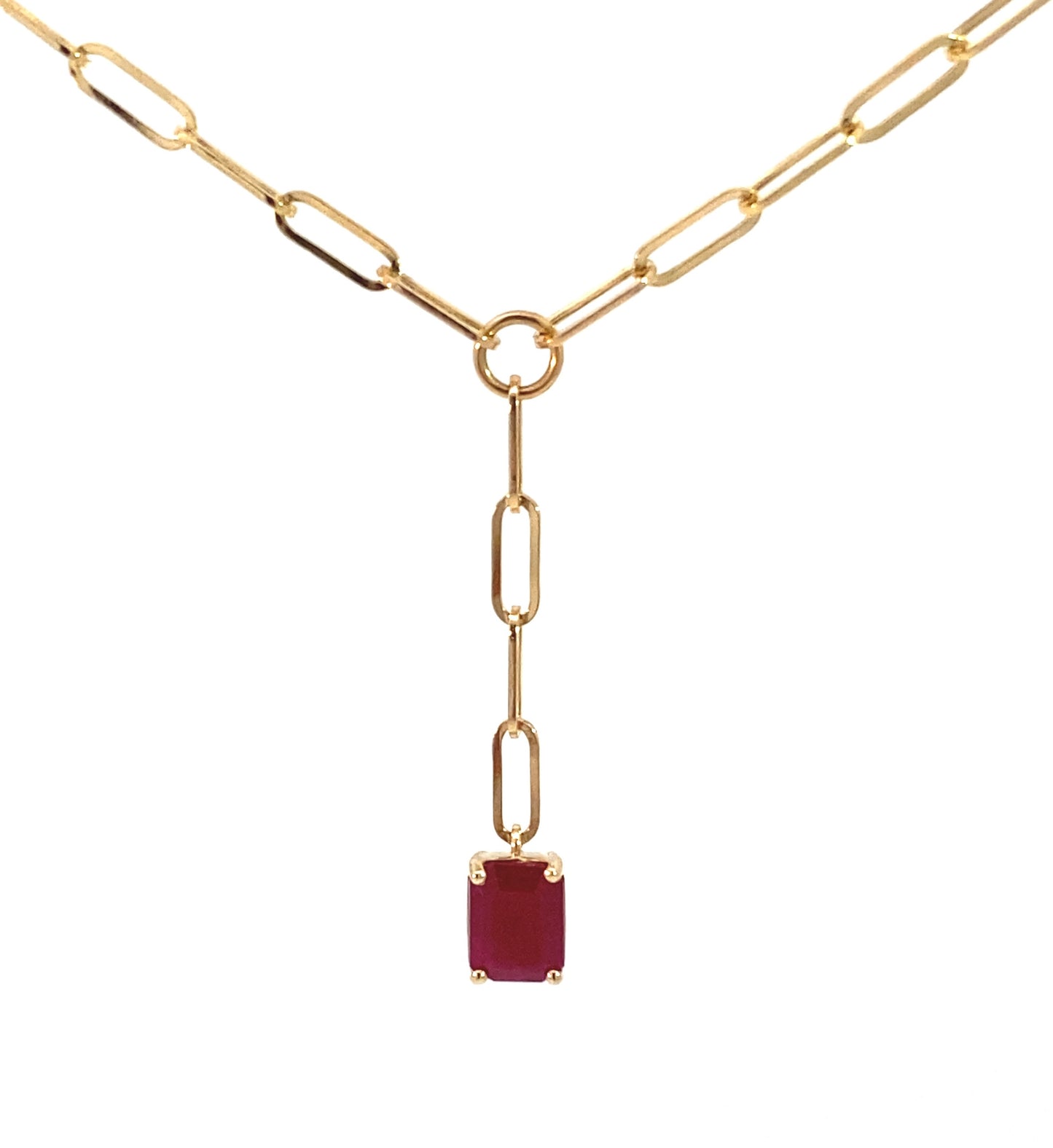 14K Yellow Gold Ruby Gemstones Paper Clip Pendant Lariat Necklace, Natural Ruby Necklace, Natural Ruby Pendant, Dark Ruby Pendant. Trendy Paperclip Ruby Necklace. 14K Solid Yellow Gold paperclip Necklace.