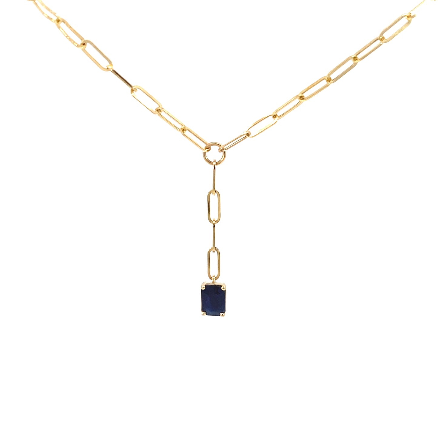 14K Yellow Gold Natural Blue Sapphire Gemstone Paperclip Lariat Necklace