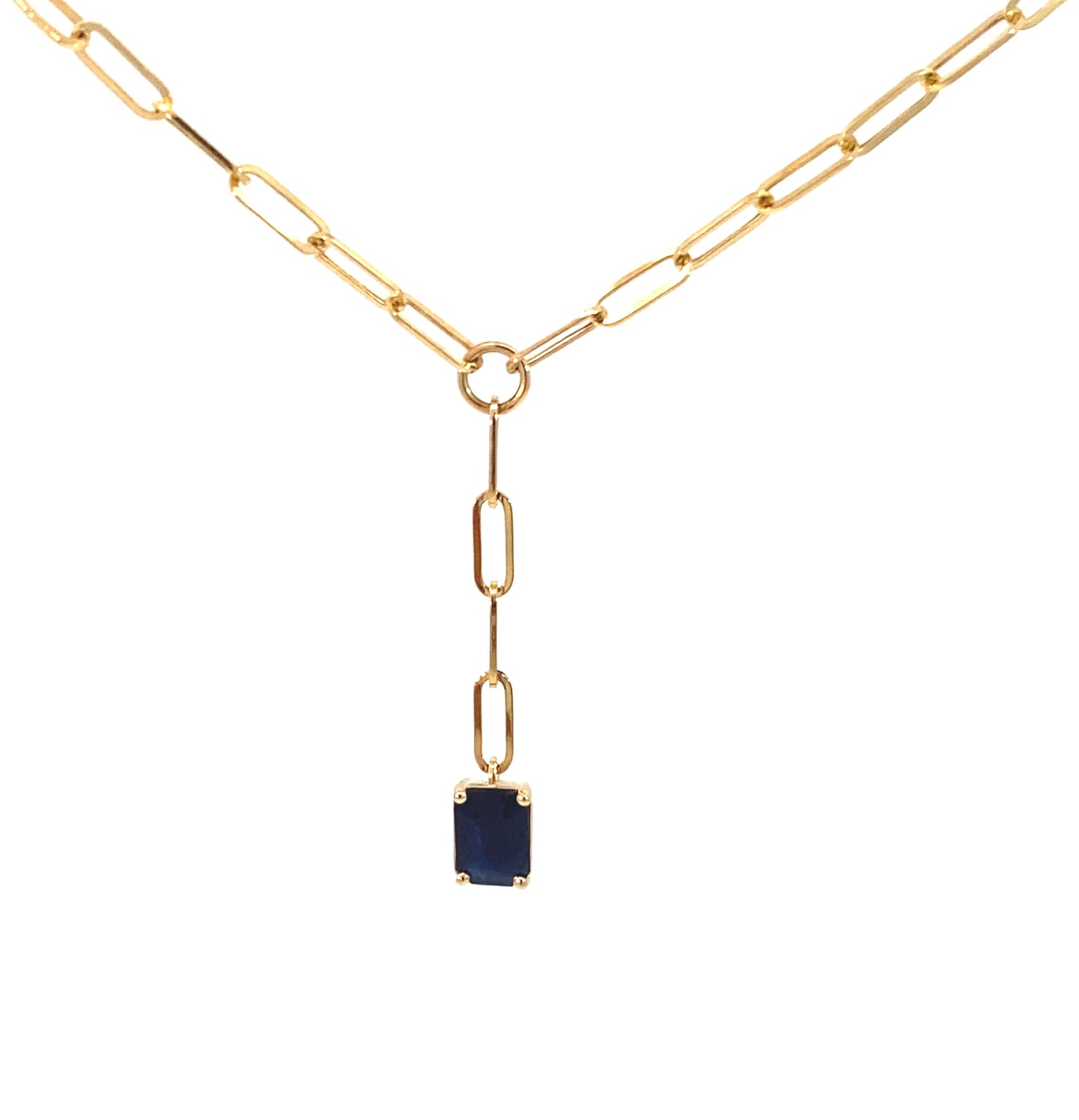 14K Yellow Gold Natural Blue Sapphire Gemstone Paperclip Lariat Necklace