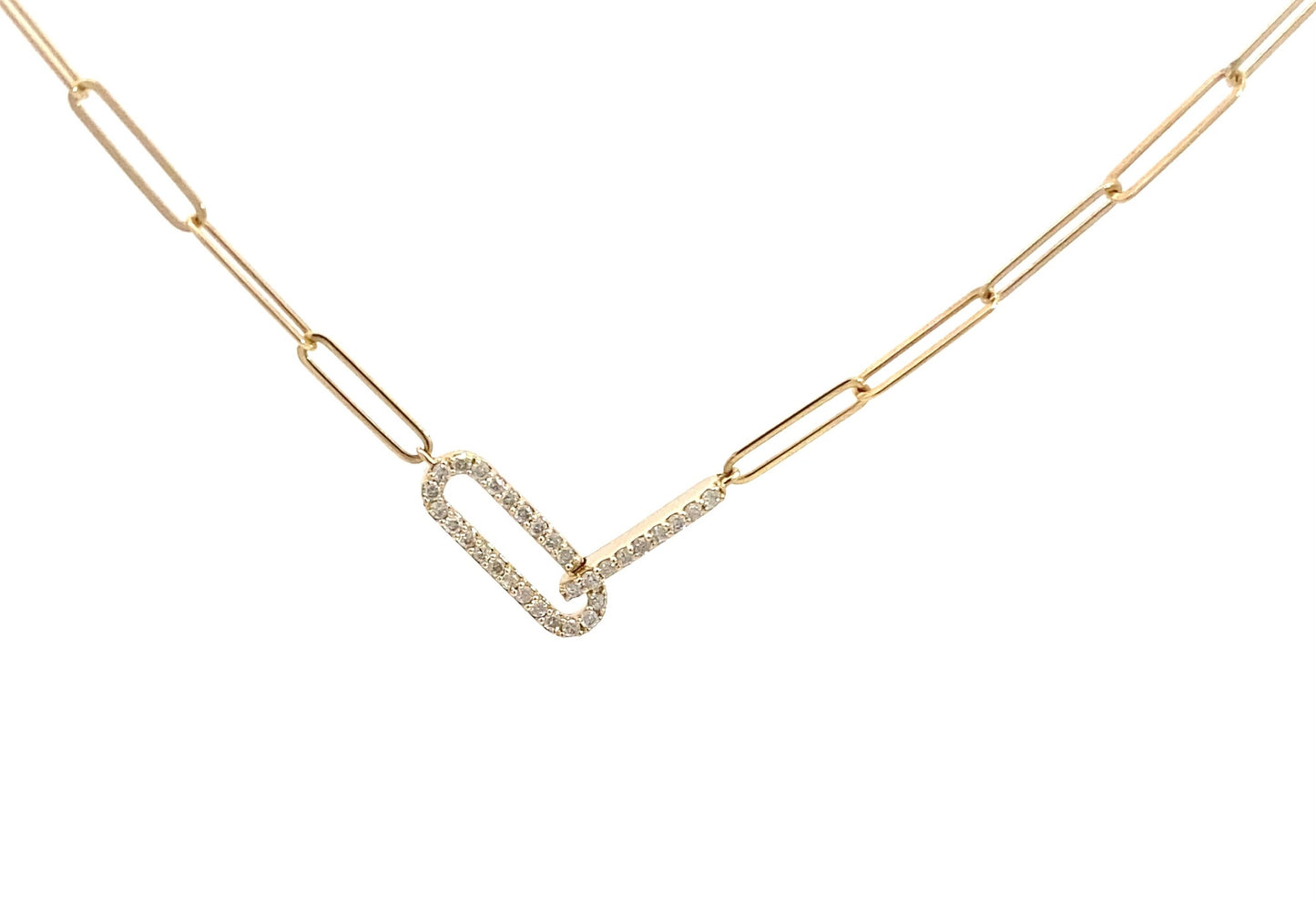 14k Yellow Gold Diamond Paperclip Pendant Necklace, trendy Natural Diamond Paperclip Necklace.
