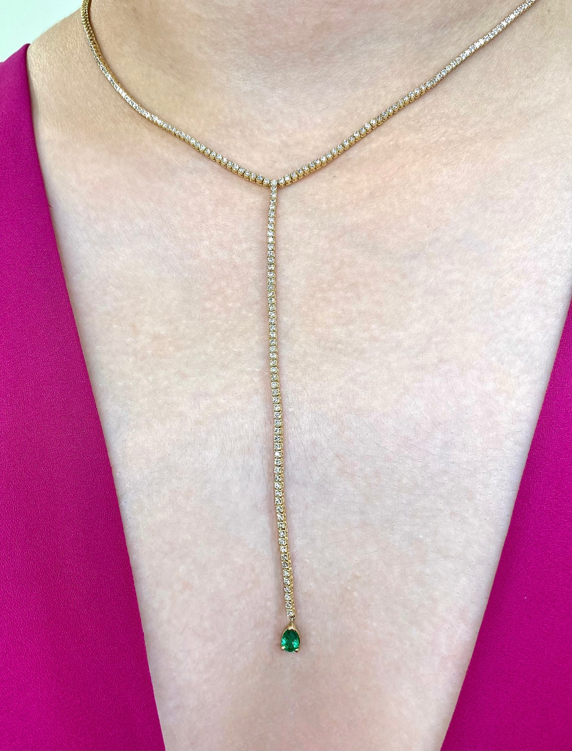 14K yellow gold diamond tennis necklace, lariat tennis necklace, trendy natural diamond and emerald tennis necklace, fashion jewelry, bridal jewelry, dainty diamond necklace, solid yellow gold diamond necklace. Green emerald diamond necklace.