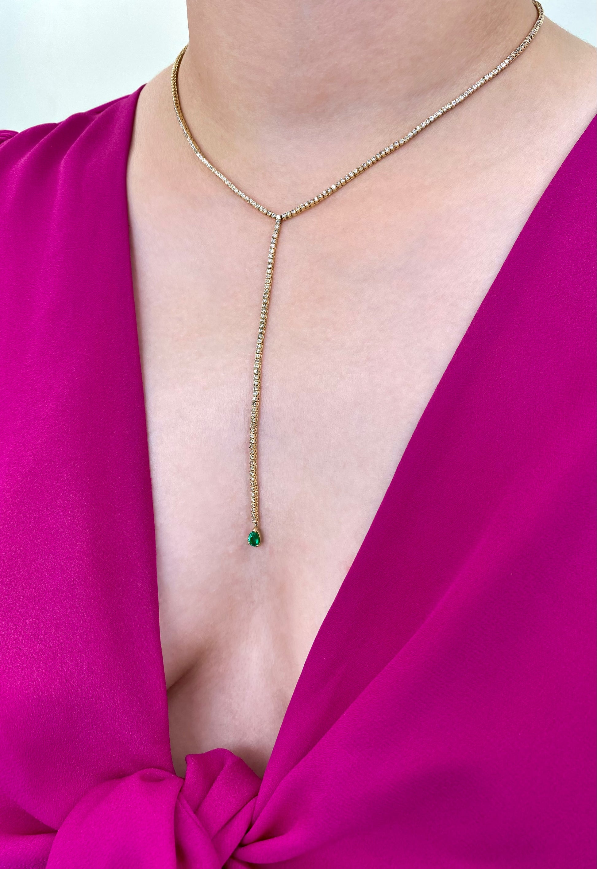 14K yellow gold diamond tennis necklace, lariat tennis necklace, trendy natural diamond and emerald tennis necklace, fashion jewelry, bridal jewelry, dainty diamond necklace, solid yellow gold diamond necklace. Green emerald diamond necklace.