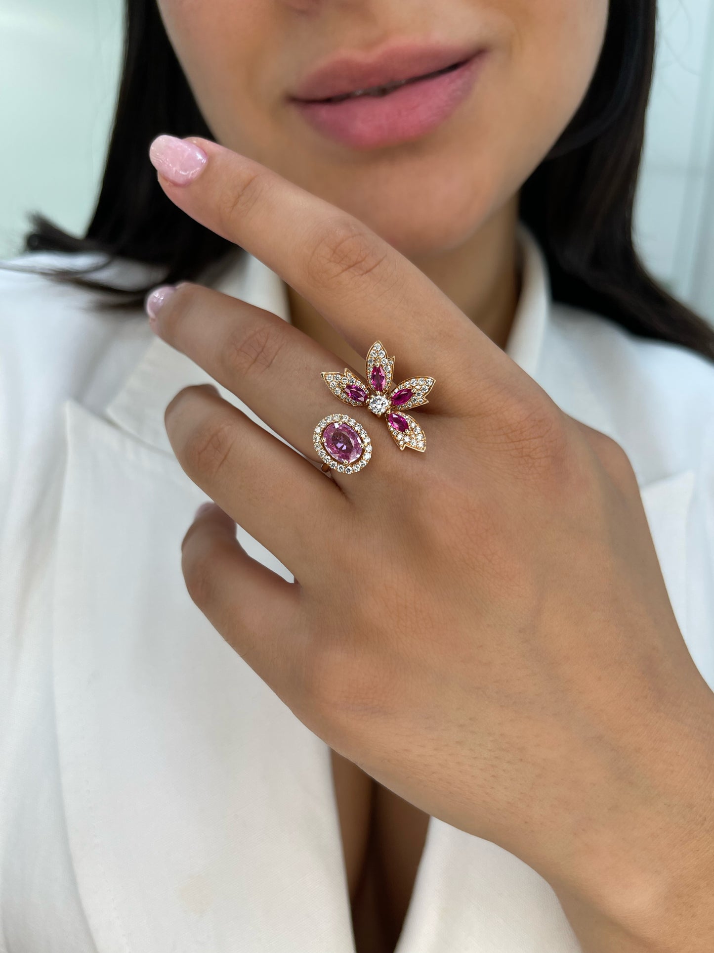 18K Rose Gold Natural Pink Sapphire and Diamond Open Statement Ring/ statement ring/ fancy diamond ring/ natural pink sapphire and diamond/ Oval Pink Sapphire ring/ Engagement Ring/ Fancy Diamond Ring/ Mon and Sun Ring/ Star Diamond Ring