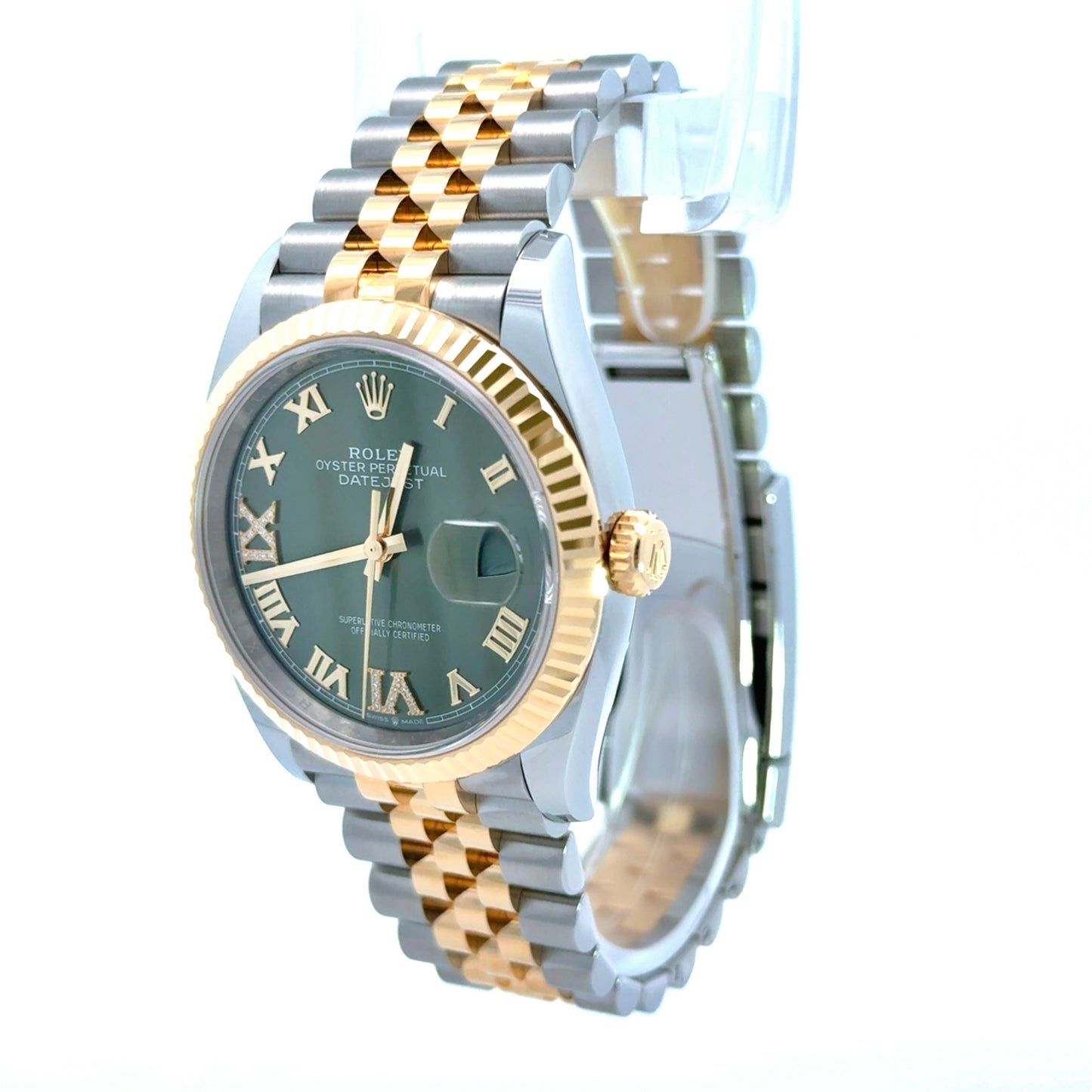 126233, Green Roman Numeral Diamond Dial 36mm Date-Just Rolex, Two Tone Yellow Gold and Stainless Steel Rolex.