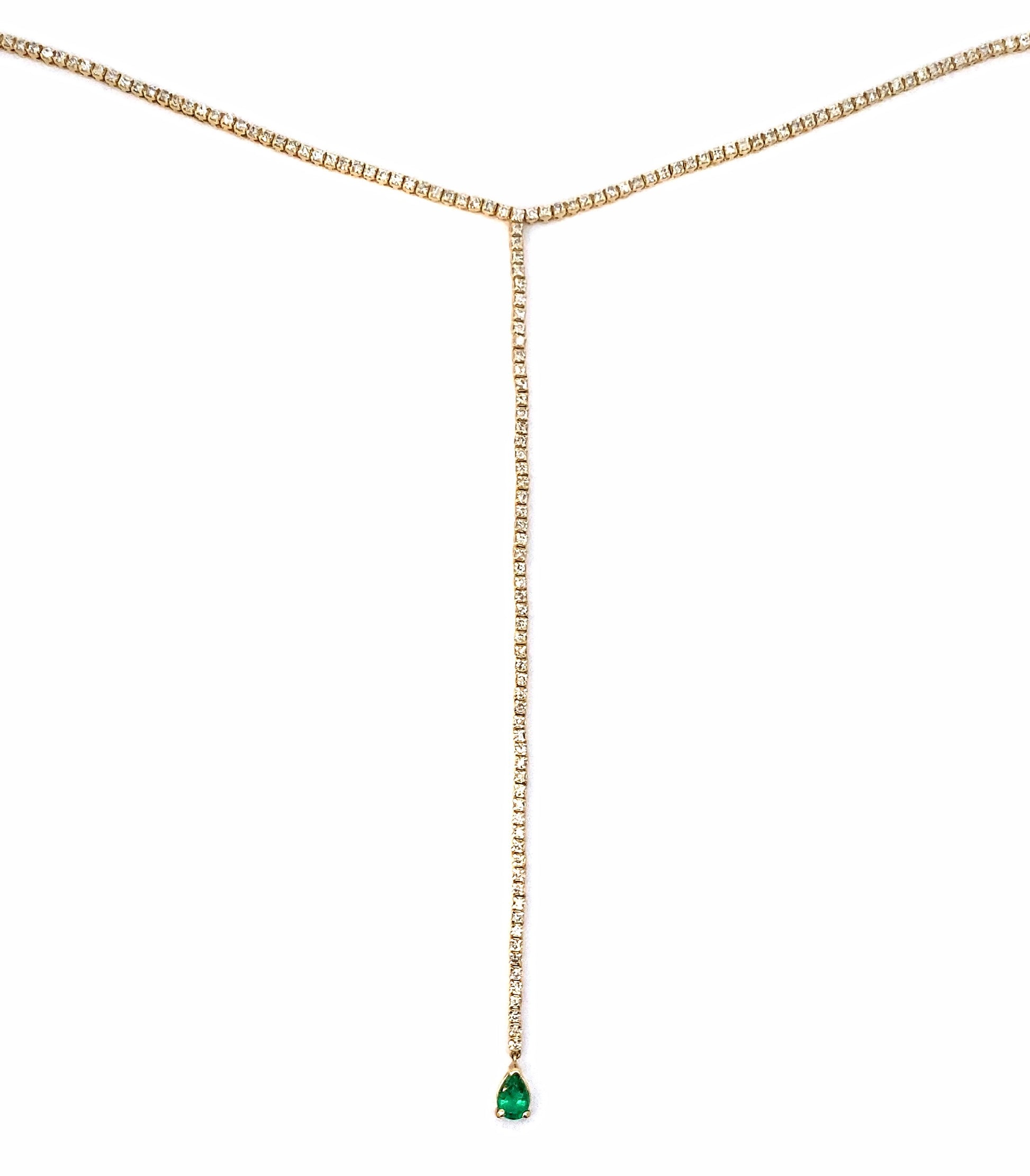 14K yellow gold diamond tennis necklace, lariat tennis necklace, trendy natural diamond and emerald tennis necklace, fashion jewelry, bridal jewelry, dainty diamond necklace, solid yellow gold diamond necklace. Green emerald diamond necklace.