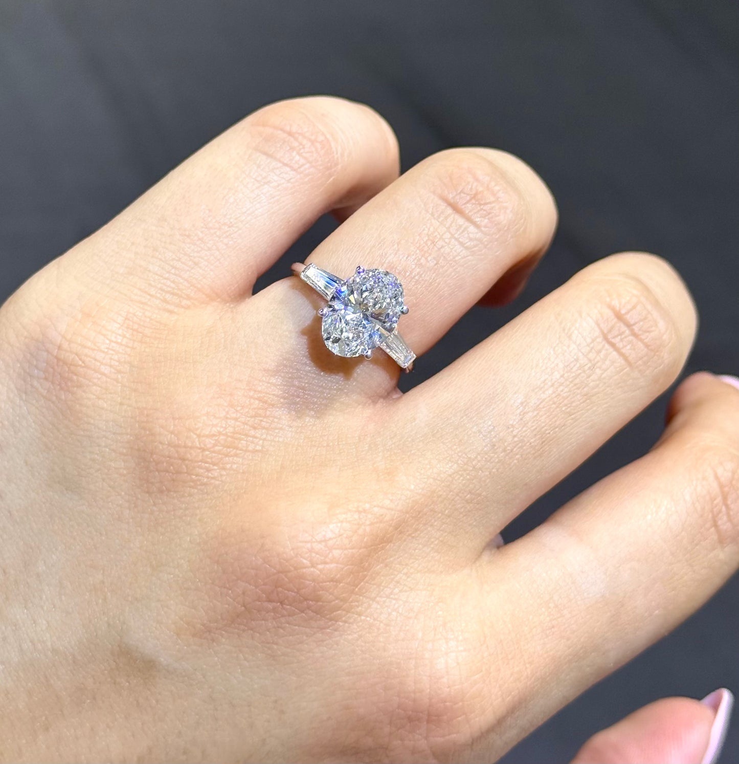 3.60CT Oval and Tapered Baguette IGI Certified Lab-Grown Diamond 3 Stone Engagement Ring. Proposal Ring. Bridal Ring. Lab Grown Engagement Ring.