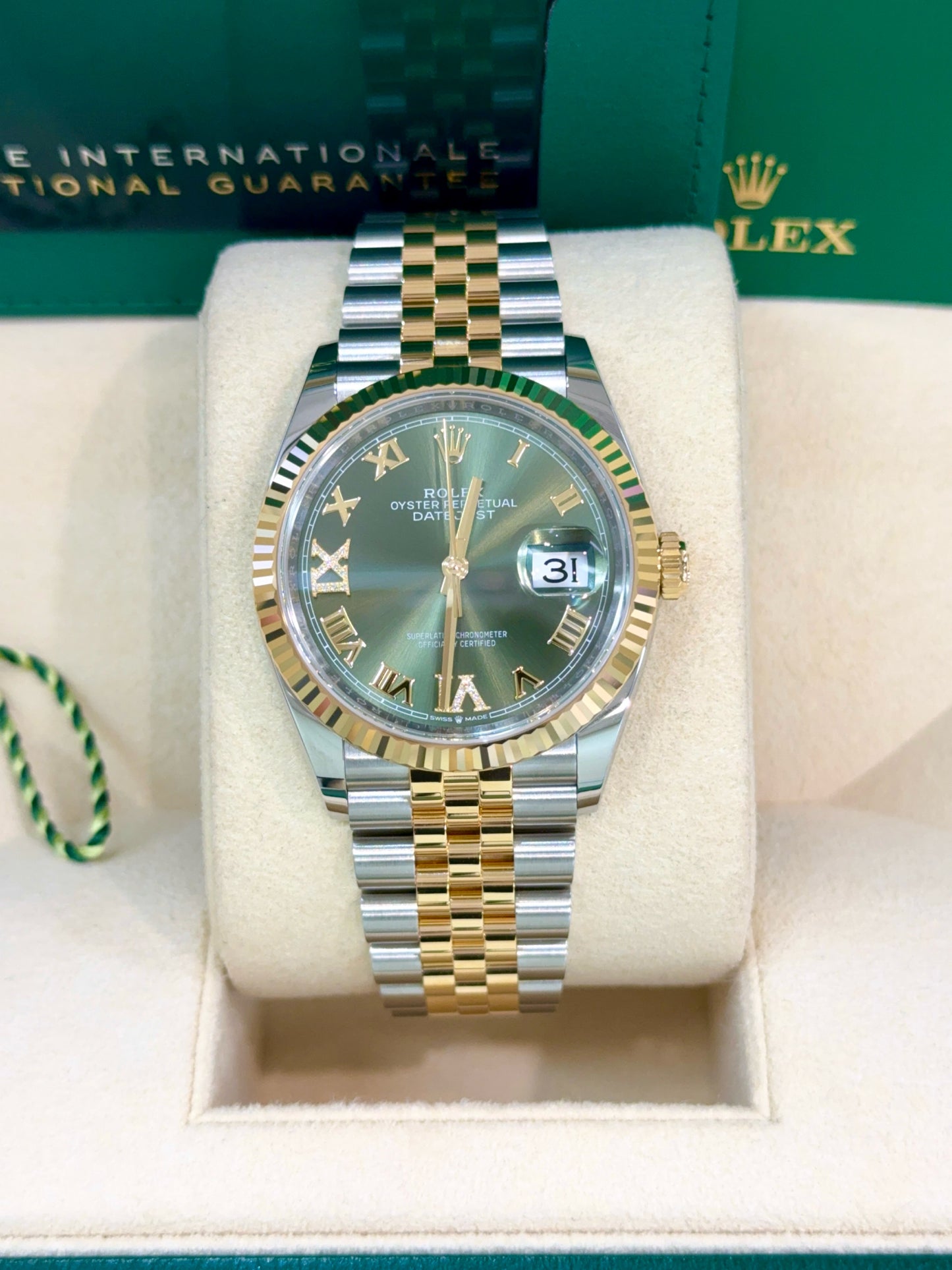 126233, Green Roman Numeral Diamond Dial 36mm Date-Just Rolex, Two Tone Yellow Gold and Stainless Steel Rolex.