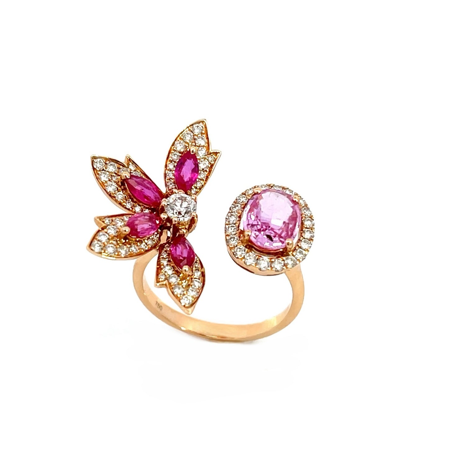 18K Rose Gold Natural Pink Sapphire and Diamond Open Statement Ring/ statement ring/ fancy diamond ring/ natural pink sapphire and diamond/ Oval Pink Sapphire ring/ Engagement Ring/ Fancy Diamond Ring/ Mon and Sun Ring/ Star Diamond Ring
