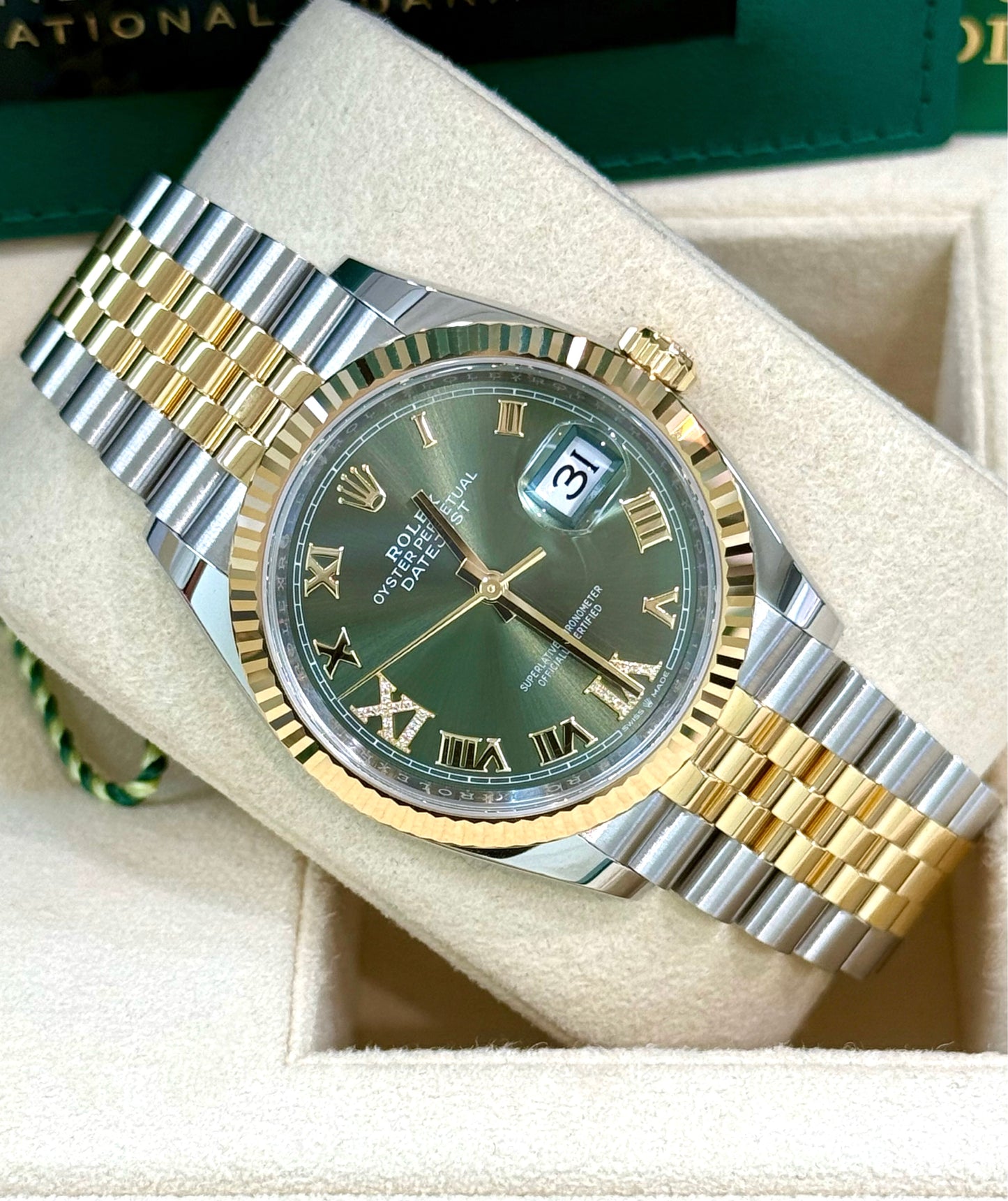 126233, Green Roman Numeral Diamond Dial 36mm Date-Just Rolex, Two Tone Yellow Gold and Stainless Steel Rolex.