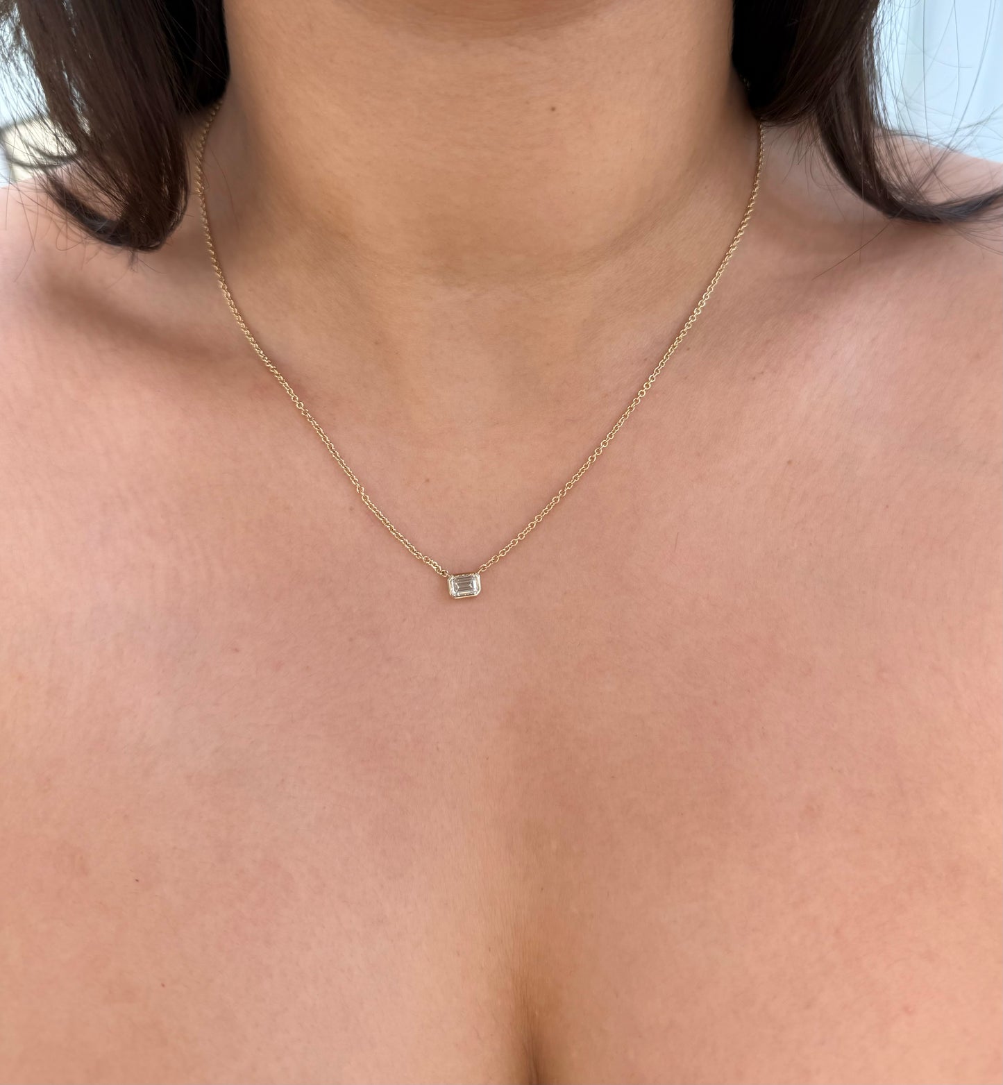 14K Gold Dainty Emerald Cut Diamond Bezel Setting Necklace