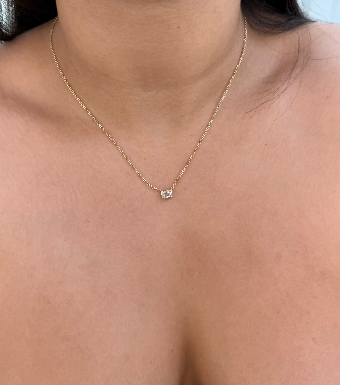 14K Gold Dainty Emerald Cut Diamond Bezel Setting Necklace