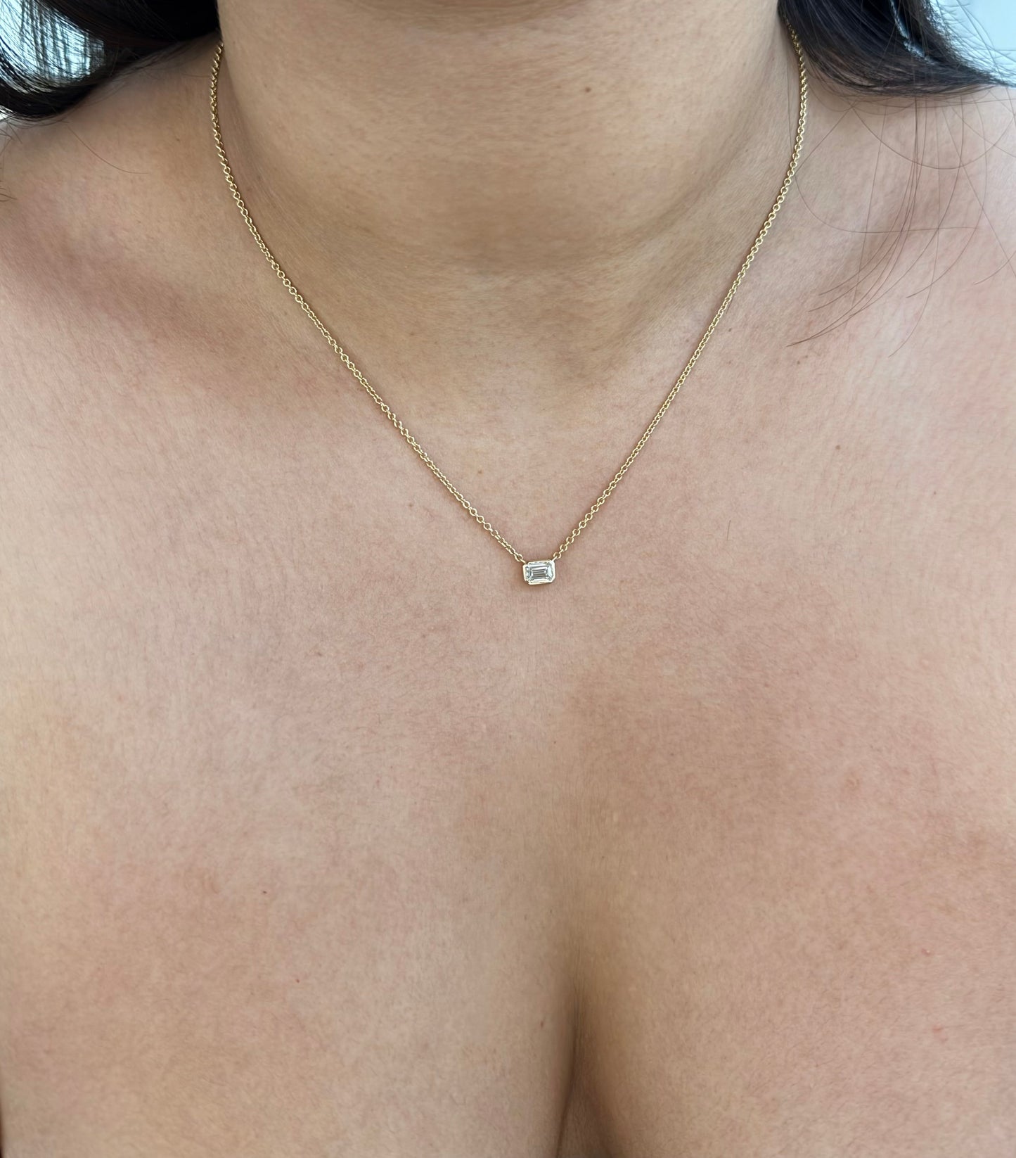 14K Gold Dainty Emerald Cut Diamond Bezel Setting Necklace