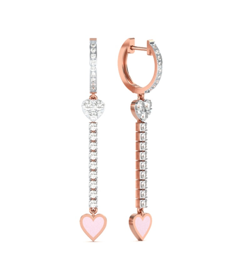Sparkling Enamel Heart Long Diamond Hoops Drop Earrings