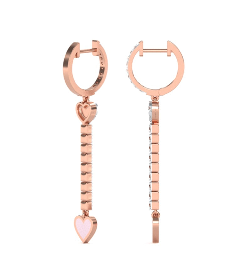 Sparkling Enamel Heart Long Diamond Hoops Drop Earrings