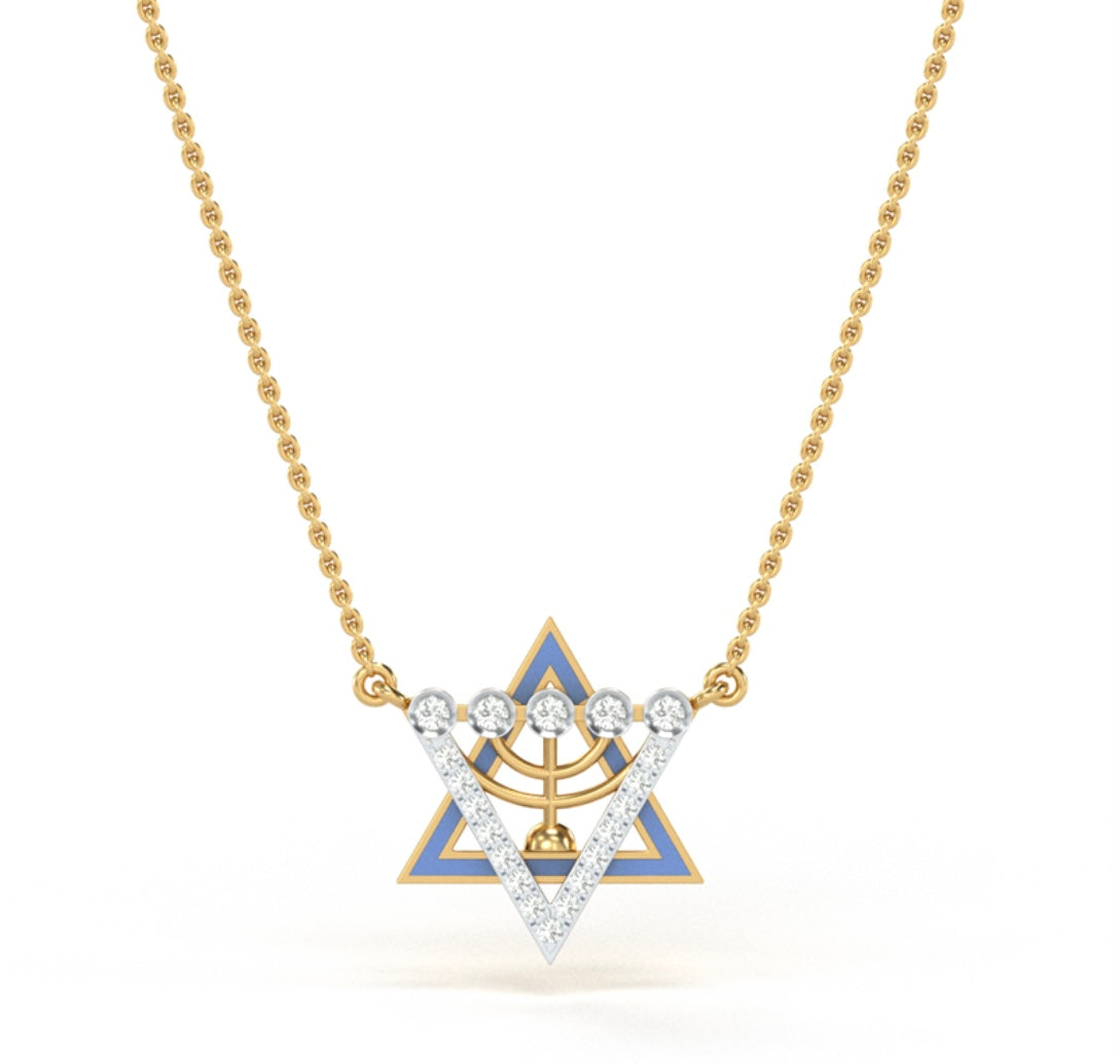 18K Yellow Gold Diamond David of Star Enamel Necklace
