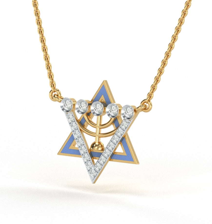 18K Yellow Gold Diamond David of Star Enamel Necklace