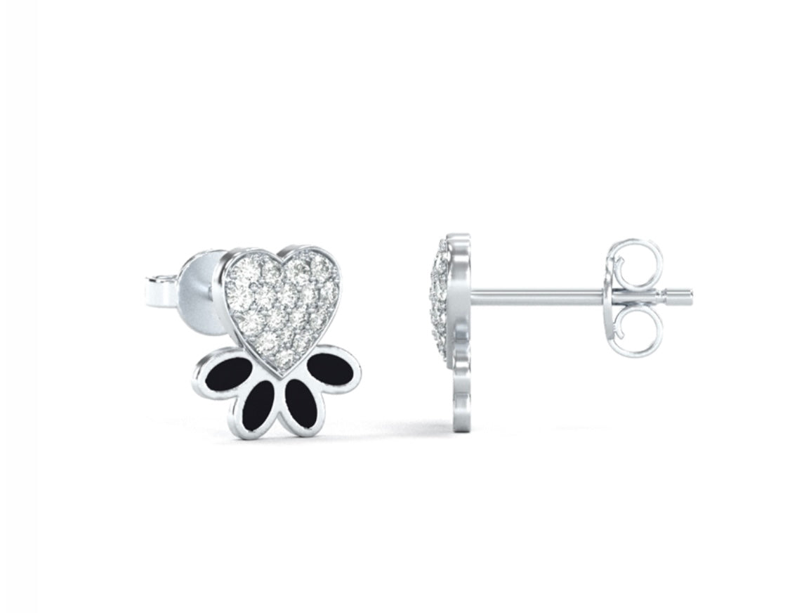 14K White Gold Heart Dog Paw Stud Earrings