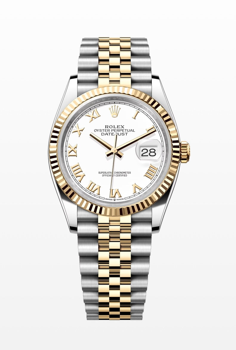 Rolex 36mm Date-Just in Two Tone Yellow Gold with White Roman Numeral Dial, 126233