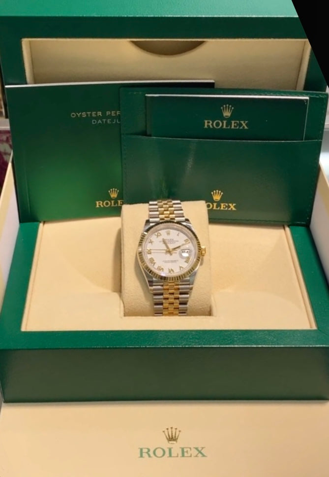Rolex 36mm Date-Just in Two Tone Yellow Gold with White Roman Numeral Dial, 126233