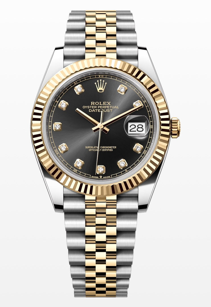 Rolex 41mm Date-Just in Two Tone Yellow Gold Jubilee Band and Bright Black Set with Diamonds Dial, 126333