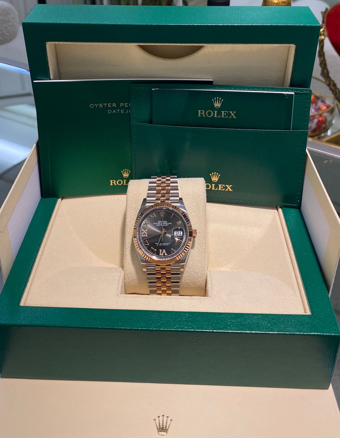 Rolex 36mm Date Just in Two-Tone Rose Gold Jubilee Band and Slate Set with Diamonds Dial, 126231