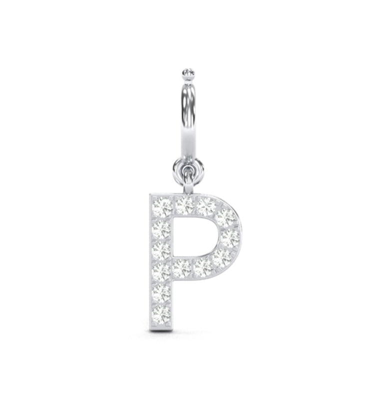 8Mm Diamond Initial Charms "P". 14K Solid White Gold P initial, Add-on Diamond Charm.
