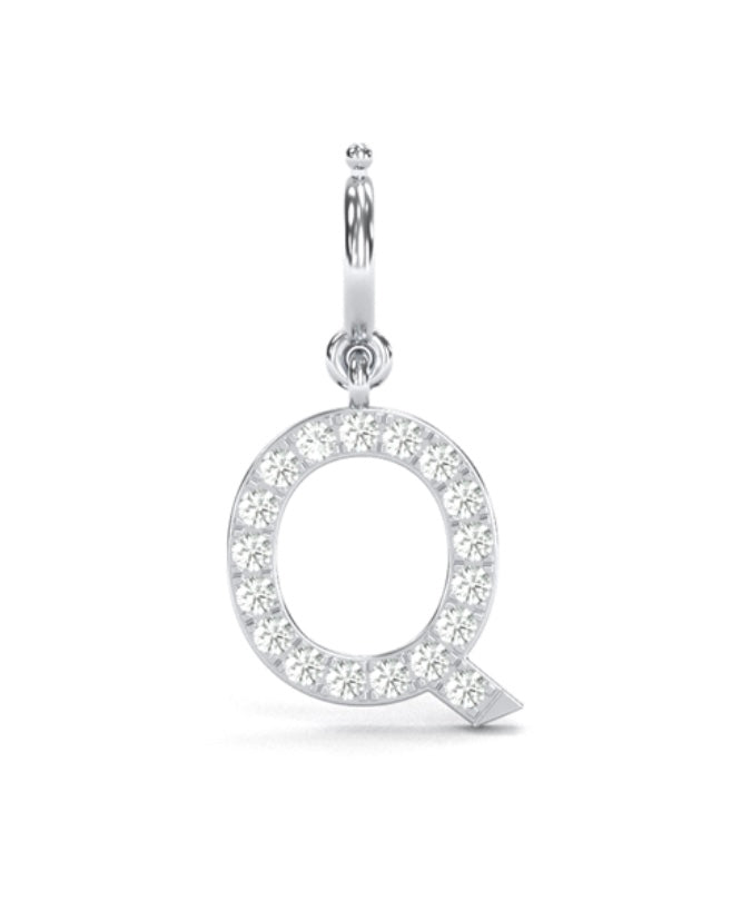 8Mm Diamond Initial Charms "Q", 14K Solid White Gold Add-on Natural Diamond Q Pendant Charm.