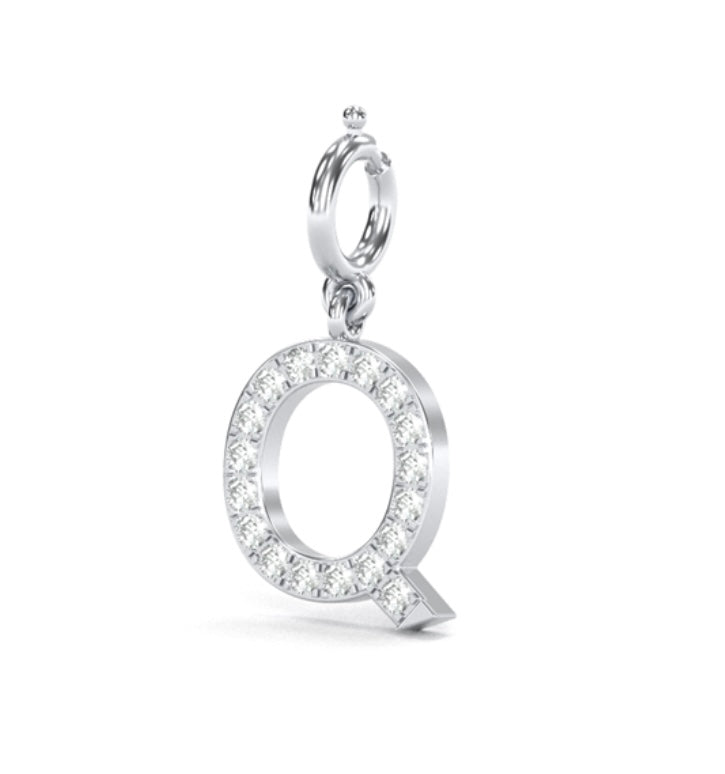 8Mm Diamond Initial Charms "Q", 14K Solid White Gold Add-on Natural Diamond Q Pendant Charm.