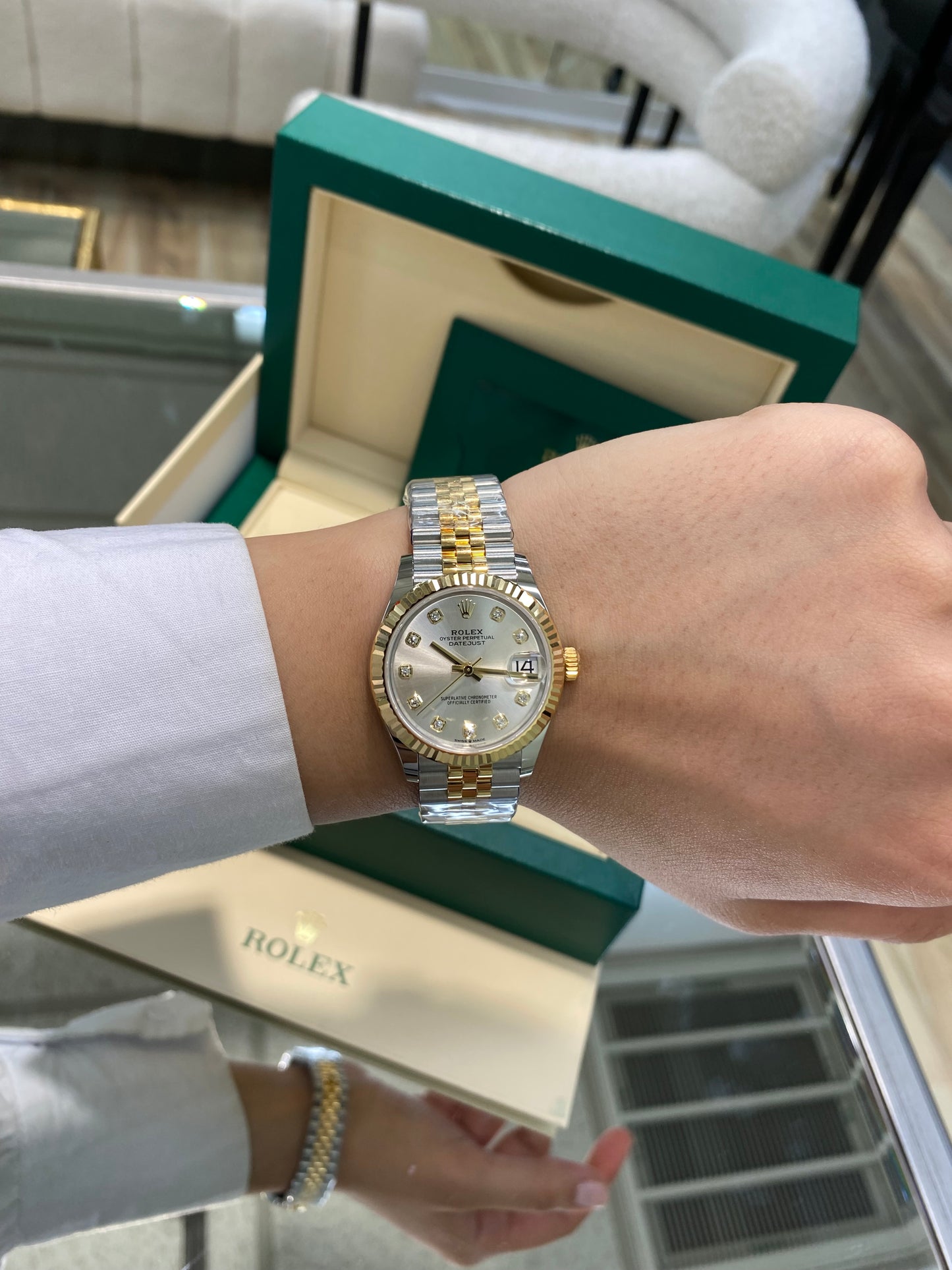Rolex 31mm Date-Just in Two Tone Yellow Gold with Silver Set with Diamonds, 278273