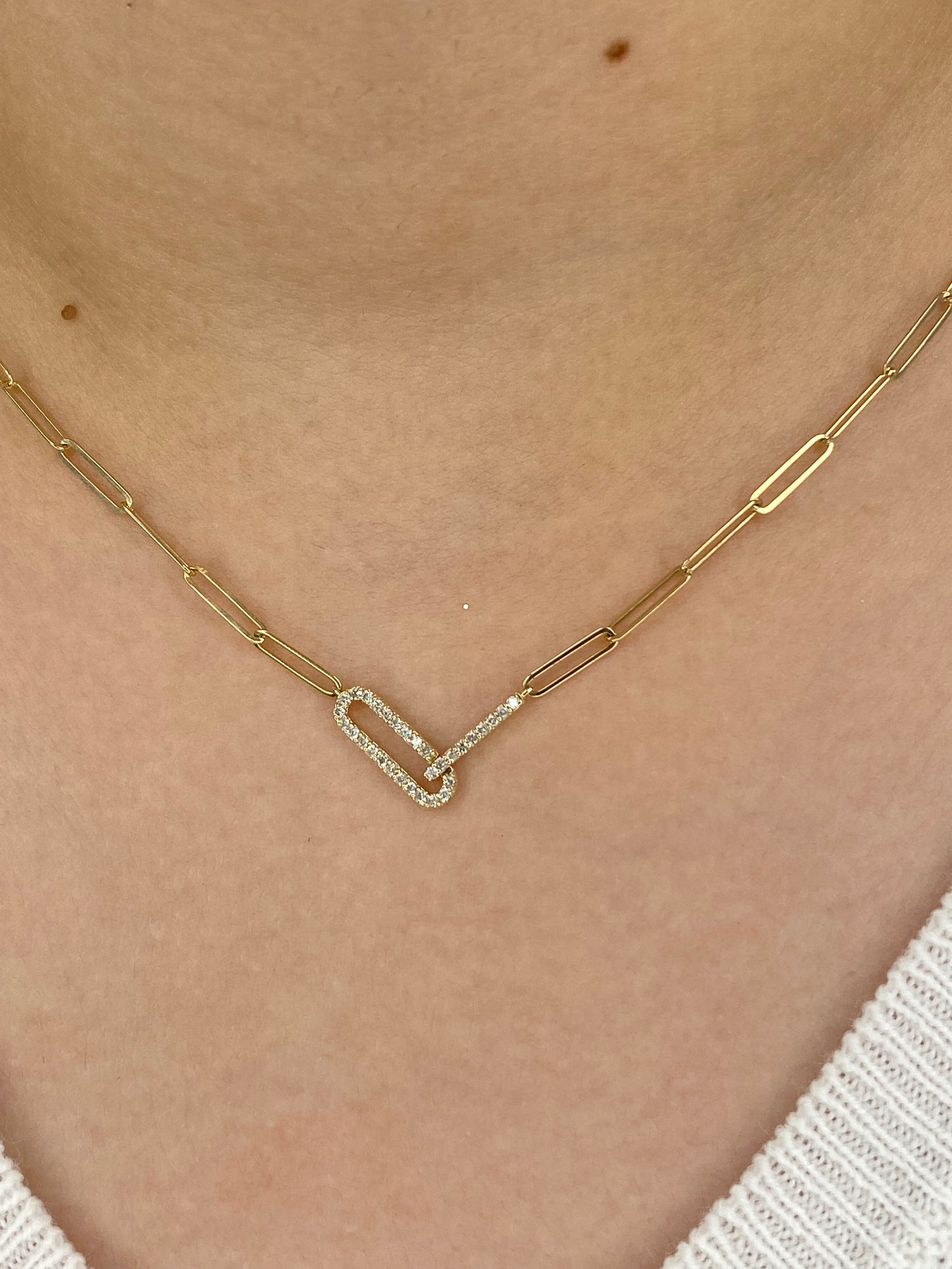14k Yellow Gold Diamond Paperclip Pendant Necklace, trendy Natural Diamond Paperclip Necklace.