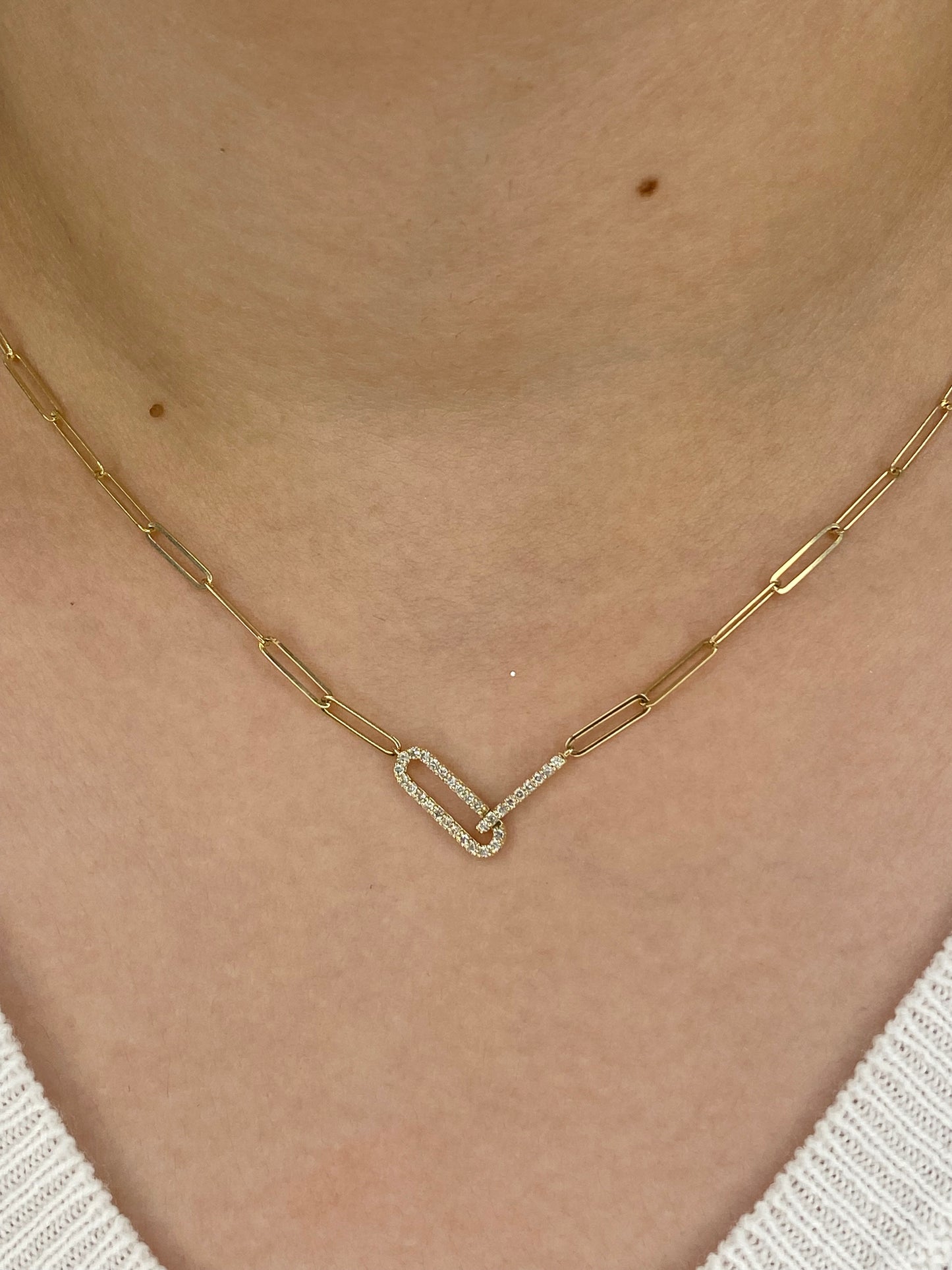 14k Yellow Gold Diamond Paperclip Pendant Necklace, trendy Natural Diamond Paperclip Necklace.