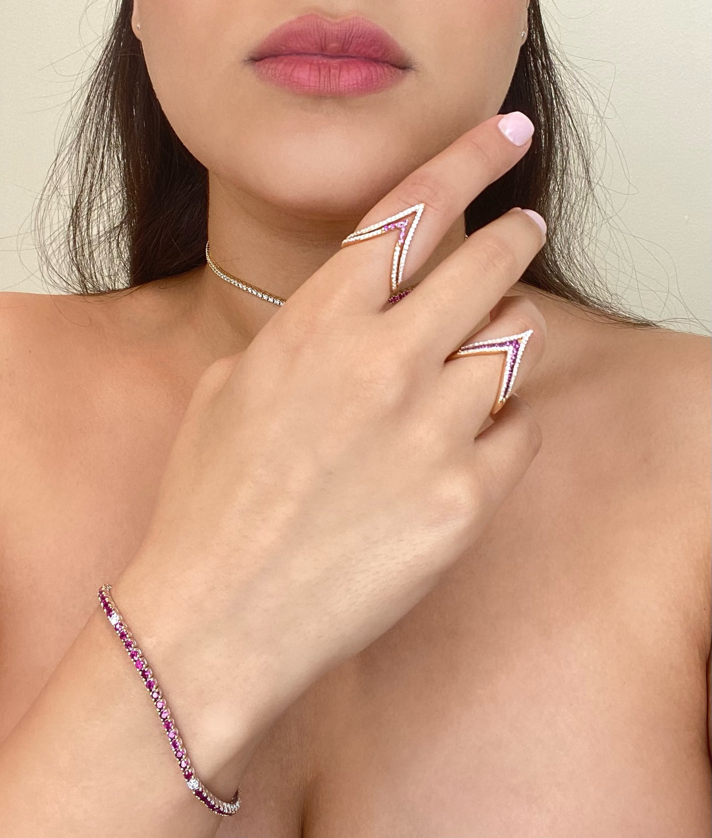 18K Rose Gold Pink Sapphire and Diamond V Shape Ring