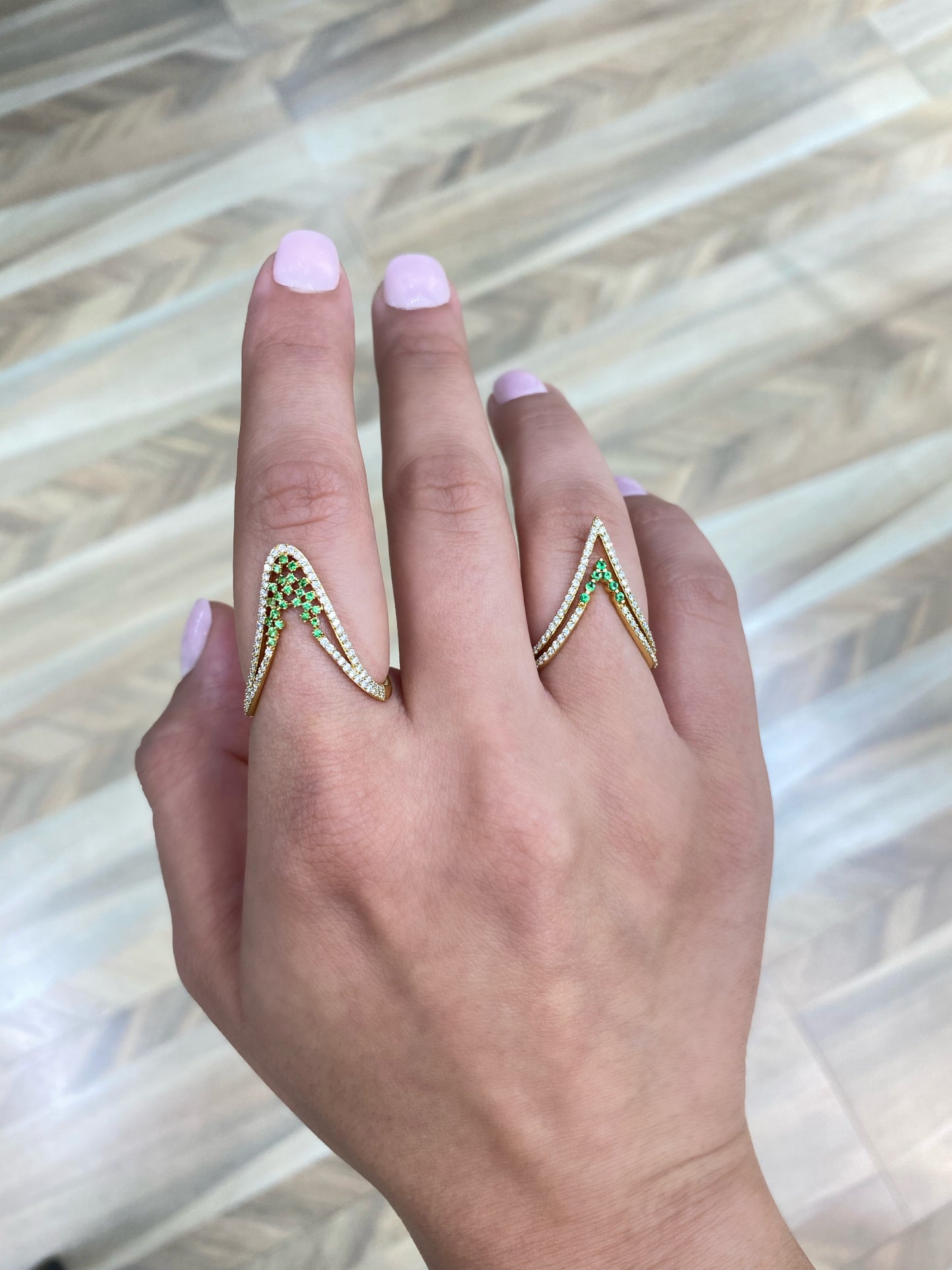 18K Yellow Gold Tsavorite and Diamond V Shape Ring