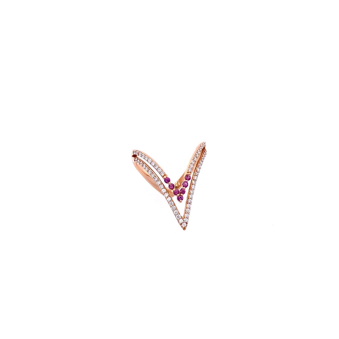 18K Rose Gold Pink Sapphire and Diamond V Shape Ring