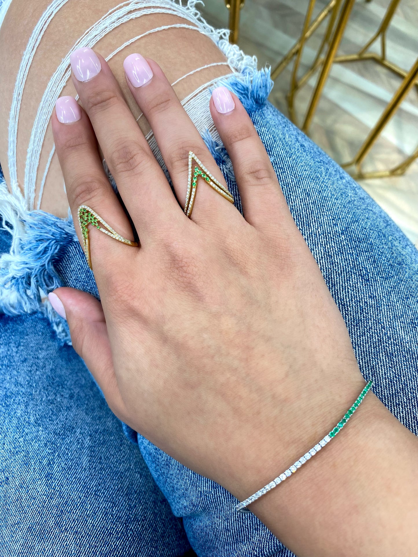 18K Yellow Gold Tsavorite and Diamond V Shape Ring